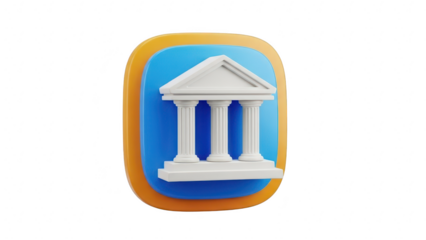 3d icon representing a classical bank or government building with columns, isolated on transparent background