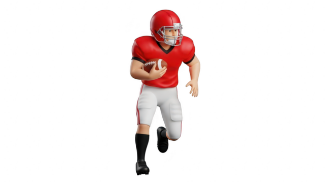 American football player in red uniform running with ball isolated on transparent background