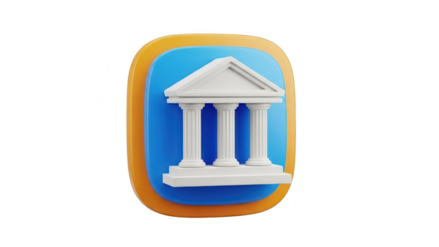 3d icon representing a classical bank or government building with columns, isolated on transparent background