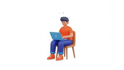 3d character sitting on chair working on laptop computer isolated on transparent background