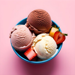 Three Scoops of Chocolate, Strawberry, and Vanilla Ice Cream in Blue Bowl on Pink Background