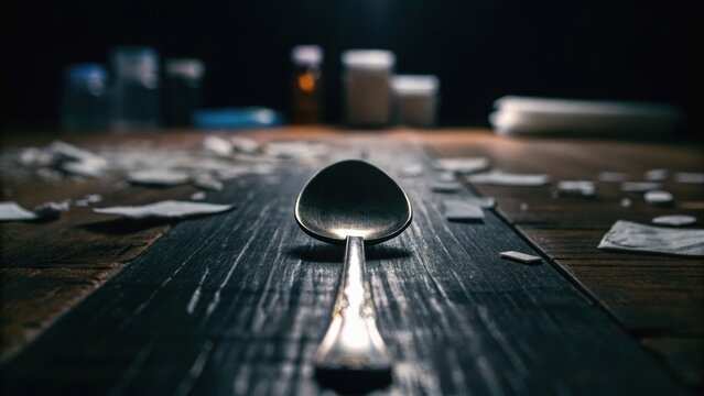 A close-up of a silver spoon on a dark wooden surface, surrounded by shattered glass, creating a moody and dramatic atmosphere.