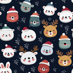 Christmas seamless pattern with animals snowman 