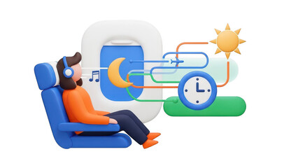 3d illustration of passenger sleeping on airplane seat adjusting to time zone change with music and day night cycle management isolated on transparent background