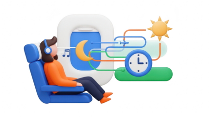 3d illustration of passenger sleeping on airplane seat adjusting to time zone change with music and day night cycle management isolated on transparent background