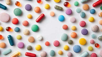 Colorful pills supplement tablet capsule vitamin round assorted white background