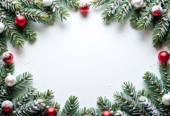 Merry Christmas and Happy New Year white background decorated with fir branches, color Christmas balls and snow; card template with space for text