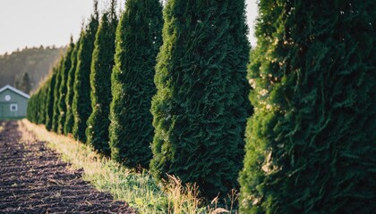 Row of tall green trees in a field with a house in the background.