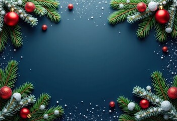 Merry Christmas and Happy New Year blue background decorated with fir branches, color Christmas balls and snow; card template with space for text