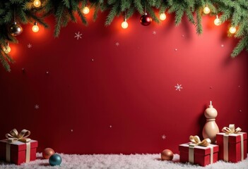 Merry Christmas and Happy New Year red background with nutcracker and Christmas gifts, decorated with fir branches and garlands of lights; card template with space for text