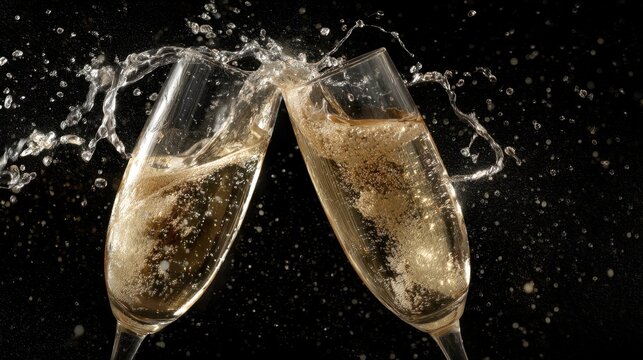 Two elegant champagne glasses are clinking together sending sparkling bubbles into the air. This moment captures joy and celebration at a festive gathering during the evening. - Powered by Adobe
