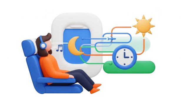 3d illustration of passenger sleeping on airplane seat adjusting to time zone change with music and day night cycle management isolated on transparent background