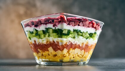 Colorful layered salad in a clear glass bowl, appetizing and fresh.