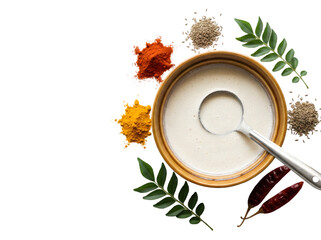 A Culinary Delight: Creamy White Sauce Surrounded by Vibrant Spices and Herbs on a Dark Background