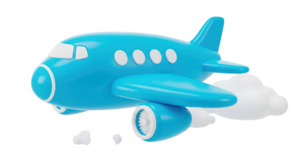 Cute 3d rendering of a bright blue cartoon airplane flying with small white clouds isolated on transparent background