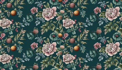 Elegant Floral Pattern with Peonies, Berries, and Oranges on Dark Green Background.