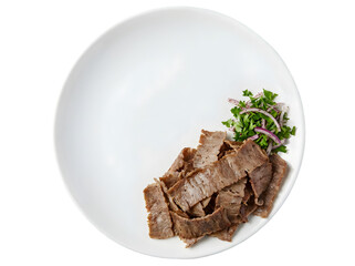 Savoring Delicacies: A Close-Up of Tender Sliced Meat Accompanied by Fresh Greens on a White Plate