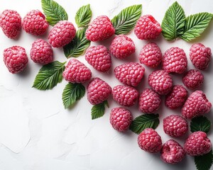 Scattered raspberries and leaves on textured white surface, top view. Use this to show fresh ingredients or summer recipes.