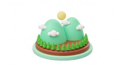 Cute 3d isometric illustration of a small green mountain landscape with sun and tiny cloud, isolated on transparent background
