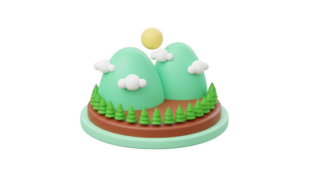 Cute 3d isometric illustration of a small green mountain landscape with sun and tiny cloud, isolated on transparent background