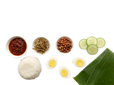 Delicious Traditional Malaysian Nasi Lemak Platter with Rice, Eggs, and Sambal Accompaniments