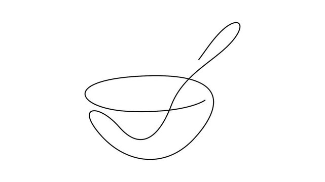 Self animated single-line drawing of a bowl with a spoon