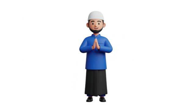 3d cartoon character of a muslim man wearing a white peci and blue shirt, performing a greeting gesture, isolated on transparent background