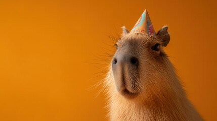 Fototapeta premium A cheerful capybara dons a festive party hat smiling against a vibrant orange backdrop. This playful scene captures the spirit of celebration and joy.