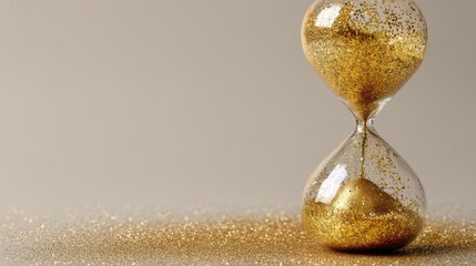 An hourglass filled with sparkling golden sand sits on a smooth surface. The glitter reflects light creating a stunning visual effect.