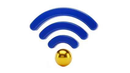 3d blue wifi signal icon with golden sphere base isolated on transparent background