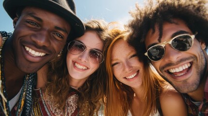 Four friends gather under the bright sun at the beach laughing and posing for a fun group picture. They show off cheerful smiles and stylish sunglasses capturing a joyful moment.