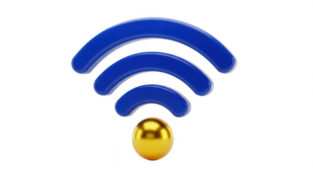 3d blue wifi signal icon with golden sphere base isolated on transparent background