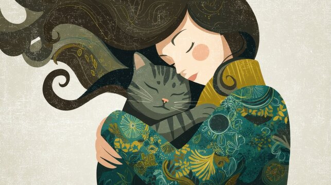 A girl with long flowing hair hugs her gray striped cat close to her chest. Both appear serene enjoying the moment together in a peaceful indoor space with floral patterns.