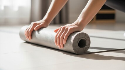 Hands rolling up a gray yoga mat on a light wooden floor in a bright room.