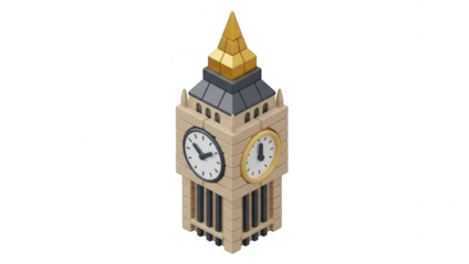 Isometric 3d rendering of a stylized, blocky toy model of big ben clock tower isolated on transparent background