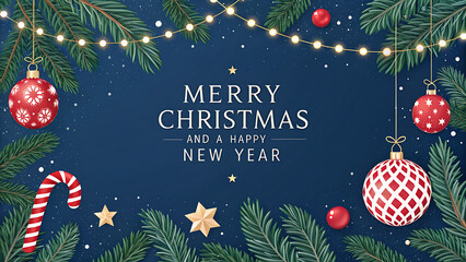Merry christmas and happy new year greeting card with fir branches, ornaments, candy cane, and string lights on a dark blue background festive season
