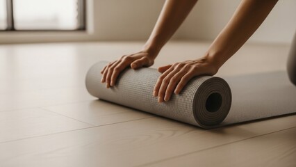 Person rolling up a gray yoga mat on a wooden floor, preparing for exercise.