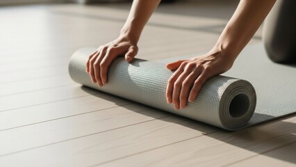 Hands rolling up a gray yoga mat on a wooden floor.