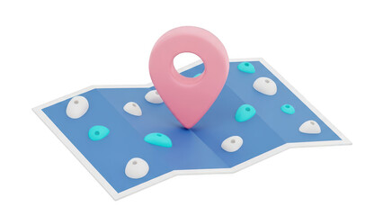 3d rendering of a pink location pin marking a spot on a folded blue map with small climbing holds, isolated on transparent background