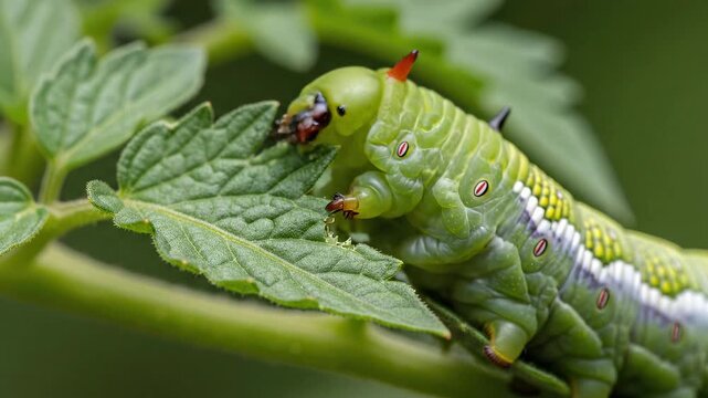 Vivid green tobacco hornworm caterpillar devouring fresh tomato plant leaves in a garden macro perspective
