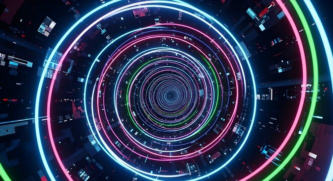 Dynamic swirling neon rings forming a futuristic abstract motion tunnel