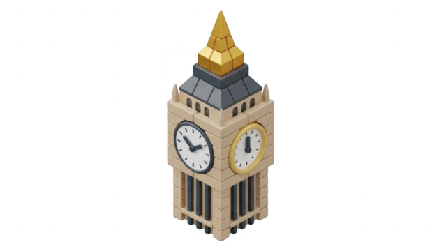 Isometric 3d rendering of a stylized, blocky toy model of big ben clock tower isolated on transparent background