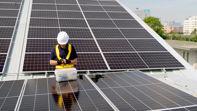 Professional who installs solar energy systems,  procuring equipment, and performing the physical installation of solar panels on roofs. 