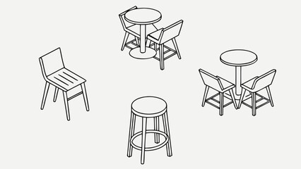 Clean isometric illustration of modern cafe tables and chairs on a light background