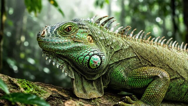 The iguana basking peacefully on a sun drenched, mossy branch, with soft, diffused light filtering through the dense canopy, emphasizing its tranquil existence in the wild.