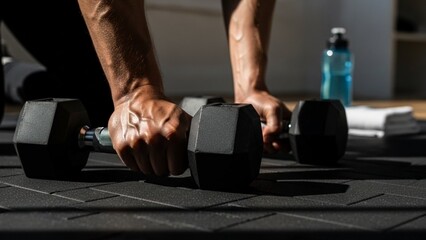 Close-up of a person's hands on dumbbells on a black exercise mat.