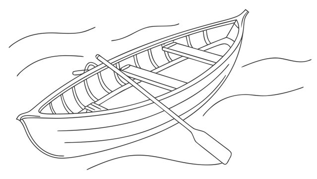 Simple rowboat line drawing on water, perfect for summer designs, adventure themes, or nautical illustrations, evoking peaceful trips and lake excursions