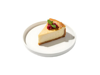 Deliciously Creamy Cheesecake Slice with Fresh Berries and Mint on a White Plate