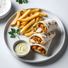 Photorealistic Chicken Shawarma Wraps with Fries and Garlic Sauce on White Plate