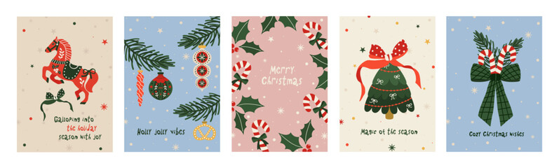 Set of Christmas holiday folk art card. Winter xmas poster background with horse, Christmas tree, gifts, ornaments. Greeting card design template. Vector flat illustration